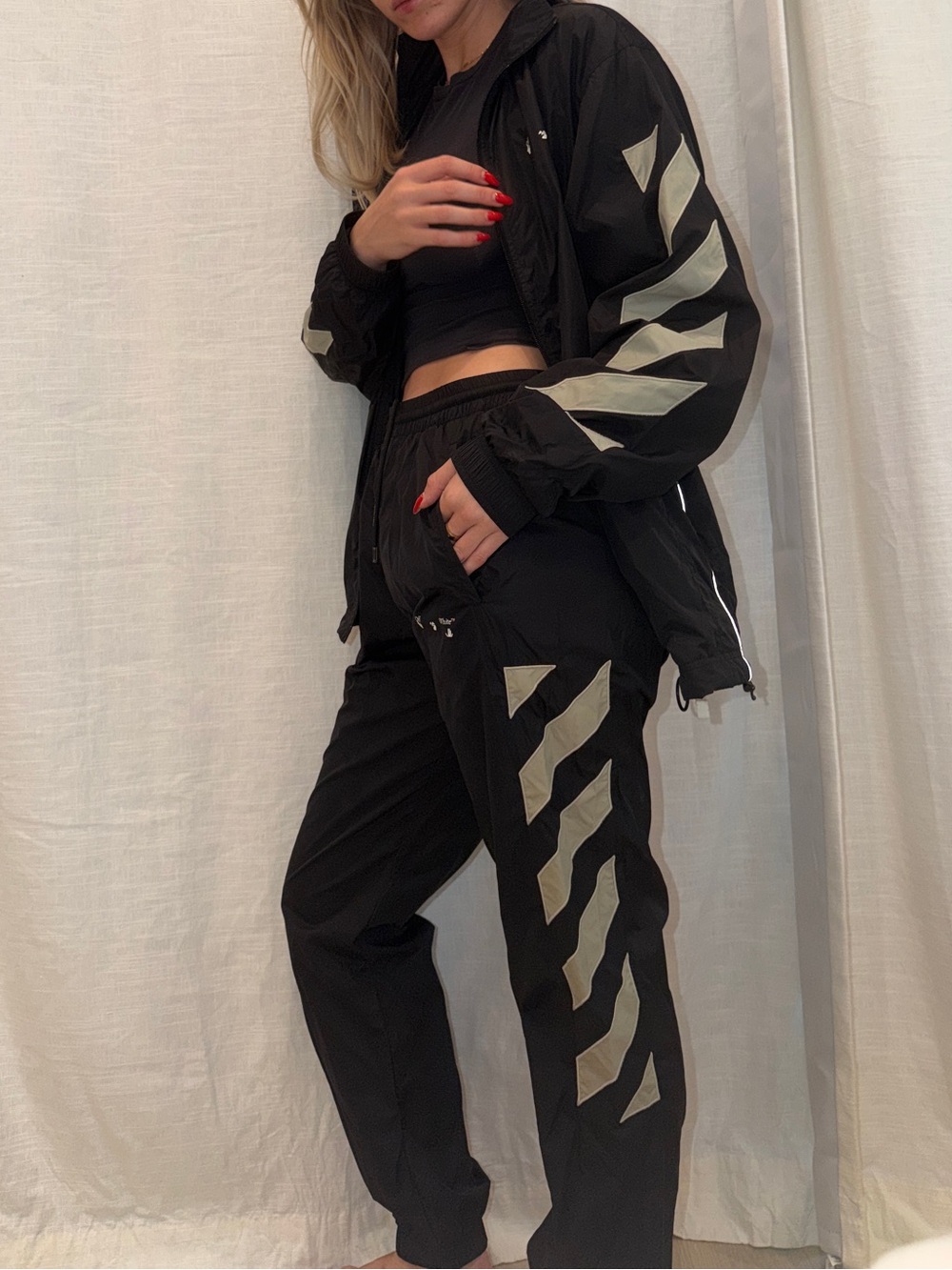 Off-White Black Track Pants with Silver Reflective Chevron Stripes